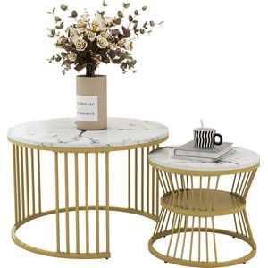 Merax Moderne Nesting Salontafel Set van 2 - Ronde Salontafels in Marmerlook - Hoogglans Bijzettafels - Wit Marmer met Goud