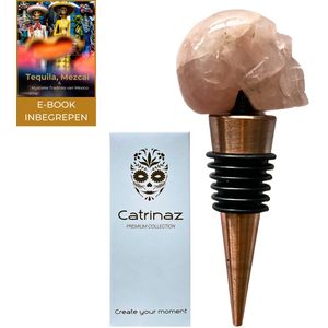Catrinaz® - Wijnstopper - Premium flessenstop met skull in rozenkwarts natuursteen - Luxe gift box - Uniek geschenk - Inclusief E-BOOK Tequila, Mezcal