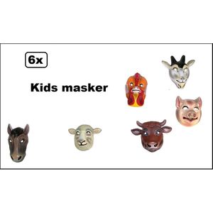 6x Masker boerderij dieren Kids - assortie - Thema feest thema feest fun boer festival dieren schaap paard koe varken kip geit