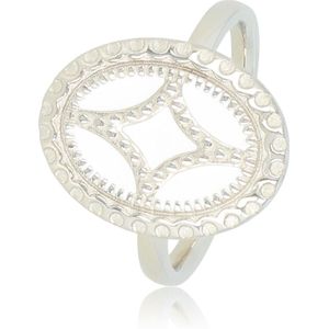 My Bendel Zilverkleurige vintage ring met patroon wit - Vintage damesring- zilver- met witte inleg - Met luxe cadeauverpakking