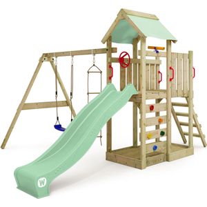 WICKEY speeltoestel klimtoestel MultiFlyer met schommel en pastelgroene glijbaan, outdoor kinderspeeltoestel met zandbak, ladder & speelaccessoires voor de tuin