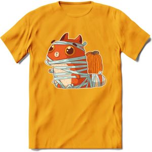 Mummy kat T-Shirt Grappig | Dieren katten halloween Kleding Kado Heren / Dames | Animal Skateboard Cadeau shirt - Geel - XXL