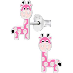 Oorbellen meisje | Zilveren kinder oorbellen | Zilveren oorstekers, roze giraf met lichtroze vlekken