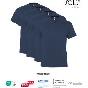 4 Pack SOLS V-hals, Heren T-Shirt 100% katoen V-hals, Denim Blauw, Maat M