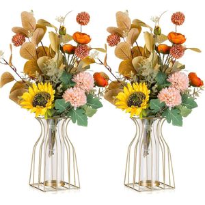 Gouden bloemenvaas, glazen vaas voor tafeldecoratie, 2 stuks, kleine moderne vazen, decoratie voor pampasgras, tulpen, roos, vaas, glas, metaal, tulpenvaas, reageerbuis, vaas voor bruiloft