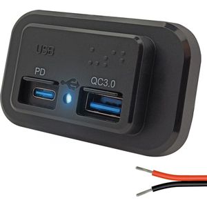 ProRide 12V USB C Autolader 2 Poorten Opbouw met Braille - USB A + USB C Stopcontact Auto, Boot en Camper - QC3.0 Snellader - Blauw