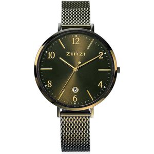 ZINZI horloge SOPHIE olijfgroene wijzerplaat met datum, olijfgroene kast 38mm, stalen mesh band 14mm ZIW1444