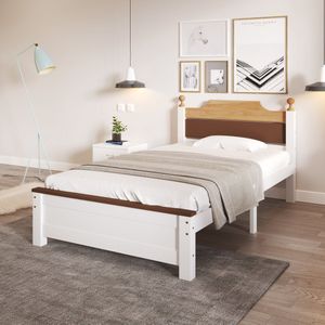 Eenpersoonsbed houten bed - grenenhouten frame met middenvoet - jeugdbed - volwassen bed met hoofd- en voeteinde gemaakt van MDF color blocking - wit 90x200 cm