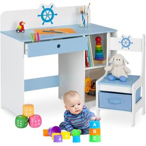 Kinderbureau met Bureaustoel - Kindertafel voor Jongen en Meisje - Tekentafel met Stoeltjes - Verstelbaar - Hout - Blauw met Wit