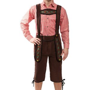 Lange Lederhose + Blouse Set incl Bretels Oktoberfest Heren Carnavalskleding Heren Lederhosen Man - Bruin/Rood - M - Polyester