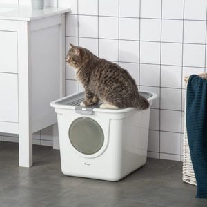 Kattoilet met een deksel van kattenbak met schop, toilet voor katten tot 5 kg, voor binnen, plastic, grijs+wit, 44 x 55 x 39 cm