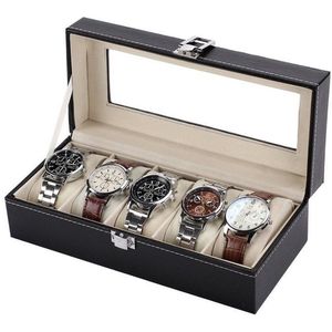 Horlogedoos | Luxe Leren Horloge Box | Geschikt voor Horloges en Sieraden | 5 Compartimenten met 5 Kussentjes | Zwart Leer V2.0