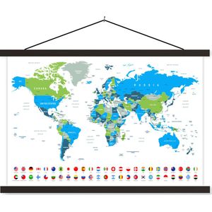 Posterhanger incl. Poster - Schoolplaat - Wereldkaart - Vlag - Blauw - Groen - 150x100 cm - Zwarte latten
