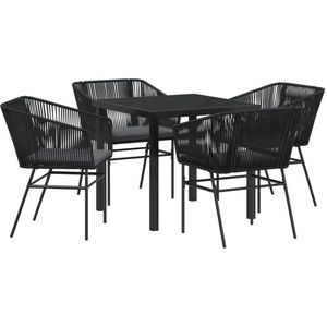 vidaXL - 5-delige - tuin - eettafel - set - met - kussens - zwart - poly - rattan