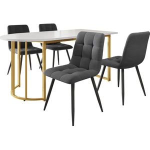 Merax 5-delige Eetkamerset - 139x80 cm Moderne Eettafel met 4 Stoelen - Gouden Tafel met Wit Marmerpatroon en Donkergrijze Stoelen