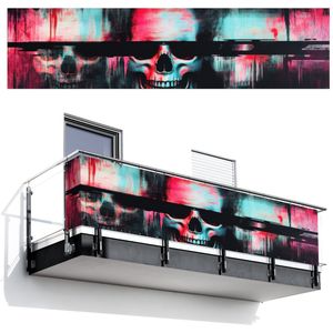 Balkonscherm 500x120 cm - Balkonposter Schedels - Glitch - Cyberpunk - Balkon scherm decoratie - Balkonschermen - Balkondoek zonnescherm