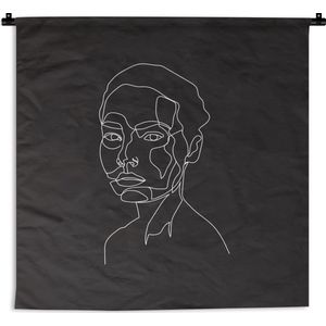Wandkleed Line-art Vrouwengezicht - 15 - Illustratie kortharige vrouw op een zwarte achtergrond Wandkleed katoen 180x180 cm - Wandtapijt met foto