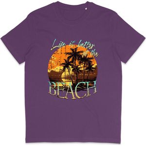 T Shirt Dames Heren - Zomer Print Life is Better At The Beach - Paars - XL