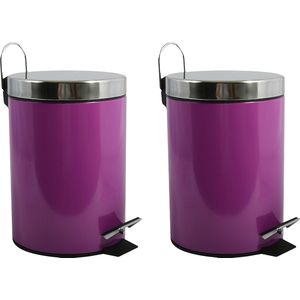 MSV Prullenbak/pedaalemmer - 2x - metaal - paars - 3 liter - 17 x 25 cm - Badkamer/toilet