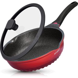 Anti-Kras glazen Deksel - 28cm diepe saute pan, duitse Greblon steen coating - Inductie koekenpan chemisch vrij (Red)