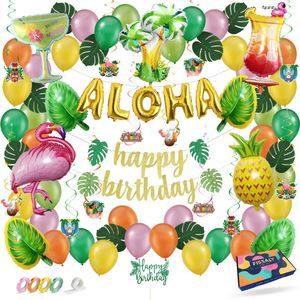 Fissaly 78 Stuks Hawaii Flamingo, Ananas & Palmbladeren Feest Decoratie – Aloha & Tropisch – Slingers, Ballonnen & Accessoires