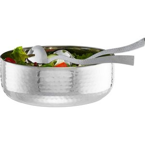 Relaxdays saladekom - 3-delige set met bestek - 28 cm - rvs - vaatwasserbestendig - zilverkleurig