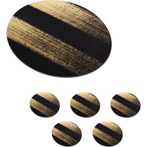 Onderzetters voor glazen - Rond - Gouden verfstrepen op een zwarte achtergrond - 10x10 cm - Glasonderzetters - 6 stuks