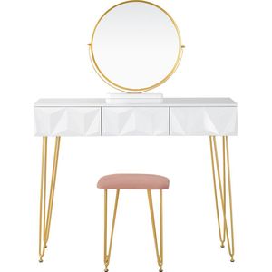 Make-up Tafel - Kaptafel - Met Spiegel - Dressoir - Luxe Kaptafel - Slaapkamer - Moderne look - Wit/Goud/Roze