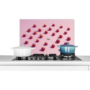 Spatscherm keuken 60x40 cm - Kookplaat achterwand Aardbei - Roze - Fruit - Muurbeschermer - Spatwand fornuis - Hoogwaardig aluminium