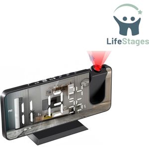 LifeStages - Slaapwekker - Wekker met Projector - 7.5 Inch Radio Nacht Wekker met 180° Rotatie - Digitale Wekker met LED Display - met Spiegel voor Temperatuur en Vochtigheid - Dubbele Wekker