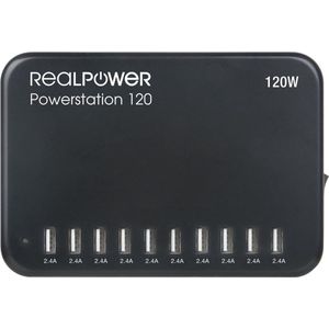 RealPower Powerstation 120 - professioneel oplaadstation met 10 USB poorten max. 120W zwart