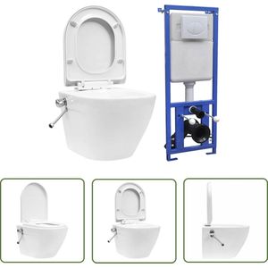 The Living Store Hangend toilet randloos met verborgen stortbak keramiek wit - Hangend Toilet - Wandcloset - Toilet Pot - Badkamerspiegel - Bidet