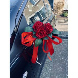 AUTODECO.NL - MIA ROOD Trouwauto Versiering Rode Rozen met Linten - Bloemen op de Auto Bruiloft - Buitenspiegels Decoratie - Trouwerij - Huwelijk - Bruiloft Decoratie - Versiering Spiegel Auto - Autoversiering voor Volgauto's