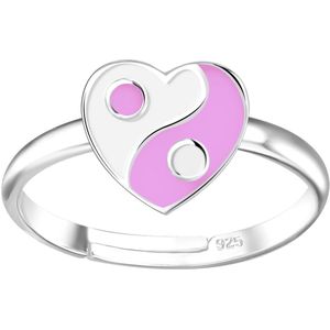 Joy|S - Zilveren hartje ring - verstelbaar - paars wit - yin yang - voor kinderen