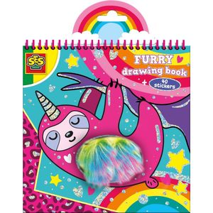 SES - Pluche kleurboek - met zacht regenbooghaar en glitter stickers