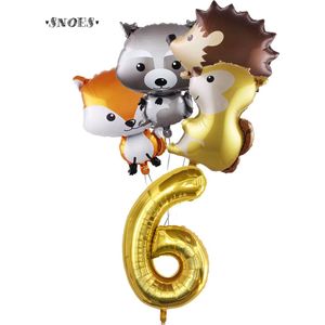 Snoes Ballonnen - Gouden Cijferballon 6 Jaar Set Bosdieren – Dieren Feestpakket - Kinderverjaardag