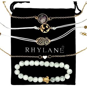 Rhylane – Set Van 5 Ibiza Armbanden - Schildpad, Hartje, Ananas, Wereldbol En Steen– Dames – Goudkleurig - 17 tot 24 cm verstelbaar