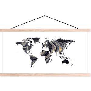 Wanddecoratie - Wereldkaart - Goud - Zilver - Zwart - Schoolplaat - 60x30 cm - Textielposter - Textiel poster