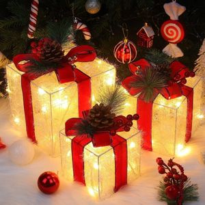 Set van 3 verlichte geschenkdozen, 60 LED's kerstdecoratie pakjesverlichting, verlichte deco cadeaudozen kerstboomdecoratie voor binnen led-cadeaudozen (rode band)