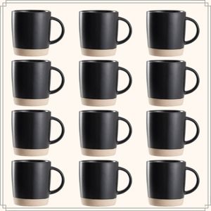 OTIX Koffiekopjes - Theemokken - Koffietassen - Set van 12 - Zwart - 310 ml - Aardewerk