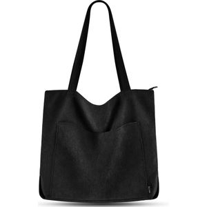 Handtas dames tote bag shopper grote schoudertas koord buideltas stoffen tas voor college school werk reizen winkelen, zwart, Vrije tijd