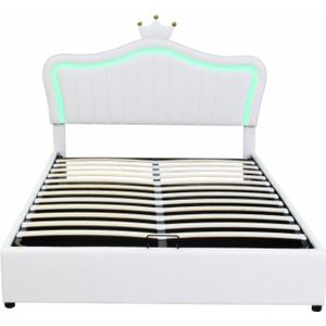 Gotagee Kinderbed Polsterbed Hydraulisch Opslagbed, Eenpersoonsbedframe voor Meisjes met Roze Kroon, van PU-Leder met LED-Verlichting, Lattenbodem en Rugleuning