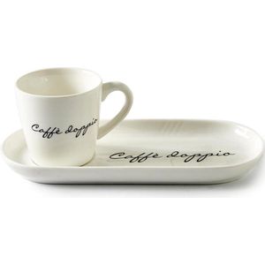 Riviera Maison Kop en Schotel Set, koffieKop met Tekst, Koffiemok - Caffè Doppio - Wit - 195 ml