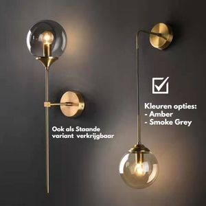 Design wandlamp | Glazen bol hangend | Met gouden arm | Smoke Grey kleur | Vintage industriële muurverlichting | Wandkandelaar voor nachtkastje | Muurlamp NU incl. lichtbron | Woonkamer, keuken, eetkamer, slaapkamer