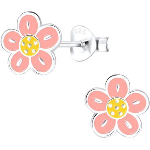 Joy|S - Zilveren bloem oorbellen - roze - 7 mm