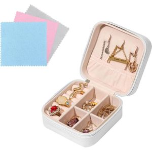 Mini-sieradenetui van PU-leer met 3 stuks zilveren stof voor ringen, oorbellen en halskettingen - Draagbare sieradenorganizer (Wit)