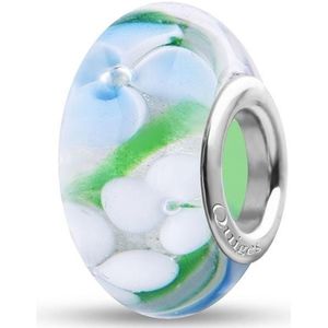 Quiges - Glazen - Kraal - Bedels - Beads Licht Groen met Witte en Blauwe Bloemen Past op alle bekende merken armband NG680