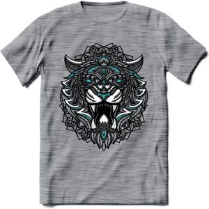Tijger - Dieren Mandala T-Shirt | Lichtblauw | Grappig Verjaardag Zentangle Dierenkop Cadeau Shirt | Dames - Heren - Unisex | Wildlife Tshirt Kleding Kado | - Donker Grijs - Gemaleerd - XL