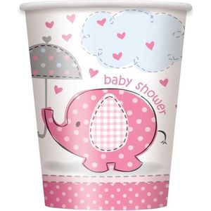 Olifant"" kartonnen bekertjes roze voor Baby Shower x8