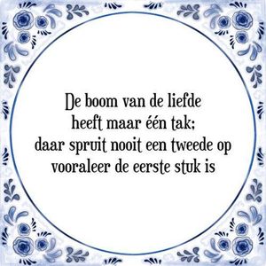 Tegeltje met Spreuk (Tegeltjeswijsheid): De boom van de liefde heeft maar ��n tak; daar spruit nooit een tweede op vooraleer de eerste stuk is + Kado verpakking & Plakhanger